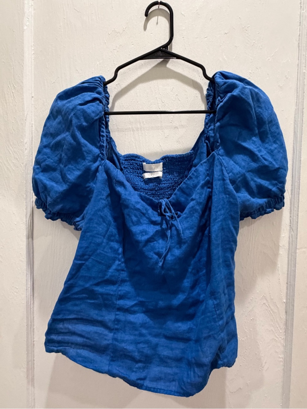 H&M LINEN Royal Blue Puff Sleeve Peasant Blouse